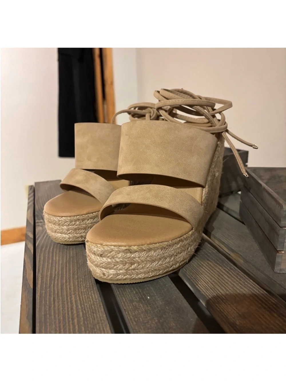 Women's Tan Espadrille Platform Sandals with Ankle Tie